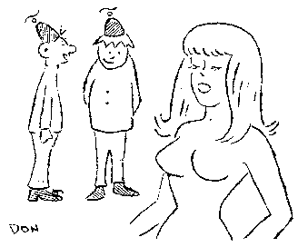 Don Allen cartoon: fans and bosomy naked lady
